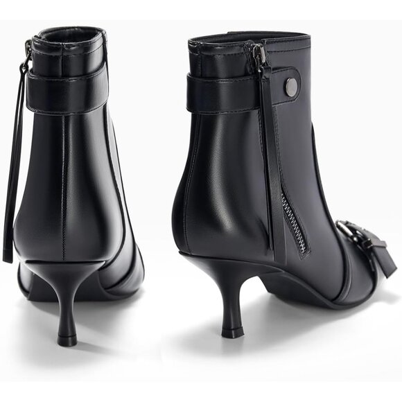 ⚡Women's Black Kitten Heel Ankle Boots Pointed Toe Buckle Side Zipper Tassel - Picture 5 of 5